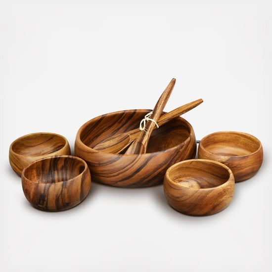Pacific Merchants Acacia Wood 7-Piece Round 12 x 4 Large Salad Bowl Set with Four 6 x 3 Salad Bowls and Servers