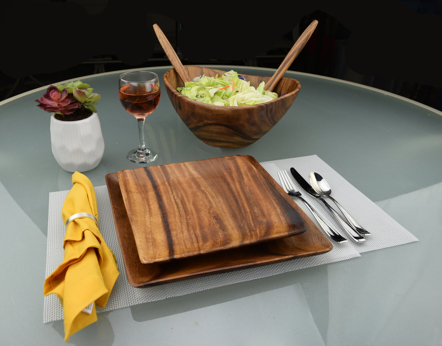 Pacific Merchants Acacia Wood 7-Piece Round 12 x 4 Large Salad Bowl Set with Four 6 x 3 Salad Bowls and Servers