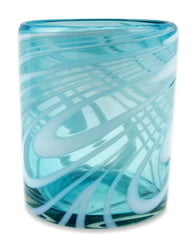 Set of 6, Mexican Hand Blown 11 oz Rock Glasses in Aqua and White, "Whirling Aquamarine"