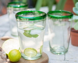 Handblown Glass Clear and Green Water Glasses Set of 6, "Conical"