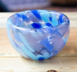 Handblown Patterned Blue Recycled Glass Dessert Bowl, "Flavors in Blue"