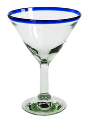 100% Recycled Mexican Artisan Handblown Glass, Cobalt Blue Rim Martini Glass, 14 oz, SET OF 4