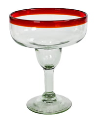 100% Recycled Mexican Artisan Handblown Glass, Red Rim Margarita Glass, 14 oz, Set of 4