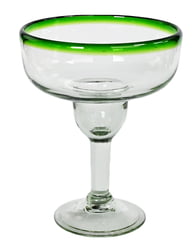 100% Recycled Mexican Artisan Handblown Glass, Green Rim Margarita Glass, 14 oz, Set of 4