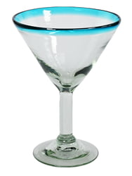 100% Recycled Mexican Artisan Handblown Glass, Aqua Rim Martini Glass, 14 oz, SET OF 4