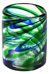 100% Recycled Mexican Artisan Handblown Glass, Blue and Green Double Old Fashioned, 12 oz, Set of 4