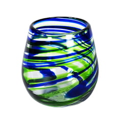 100% Recycled Mexican Artisan Handblown Glass, Blue and Green Wine Glass, 11 oz, Set of 4