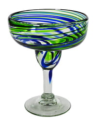 100% Recycled Mexican Artisan Handblown Glass, Blue and Green Swirl Margarita Glass, 14 oz, Set of 4