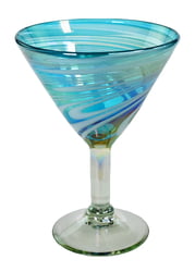 100% Recycled Mexican Artisan Handblown Glass, Aqua Swirl Martini Glass, 14 oz, SET OF 4