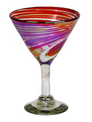 100% Recycled Mexican Artisan Handblown Glass, Red Swirl Martini Glass, 14 oz, SET OF 4