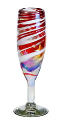 100% Recycled Mexican Artisan Handblown Glass, Red Swirl Champagne Flute, 6 oz, Set of 4