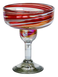 100% Recycled Mexican Artisan Handblown Glass, Red Swirl Margarita Glass, 14 oz, Set of 4