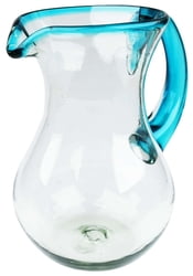 100% Recycled Mexican Artisan Handblown Glass, Aqua Rim Round Pitcher, 84 oz