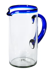 100% Recycled Mexican Artisan Handblown Glass, Cobalt Blue Rim Straight Pitcher, 100 oz