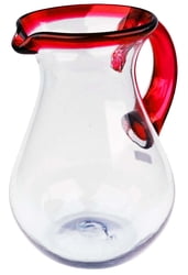 100% Recycled Mexican Artisan Handblown Glass, Red Rim Round Pitcher, 84 oz