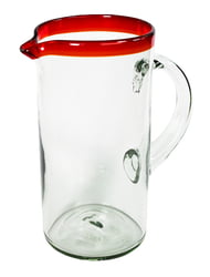 100% Recycled Mexican Artisan Handblown Glass, Red Rim Straight Pitcher, 100 oz