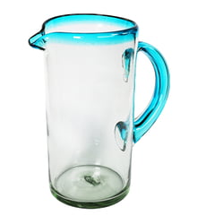 100% Recycled Mexican Artisan Handblown Glass, Aqua Rim Straight Pitcher, 100 oz