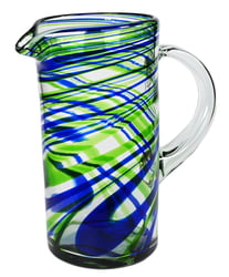 100% Recycled Mexican Artisan Handblown Glass, Blue and Green Straight Pitcher, 100 oz