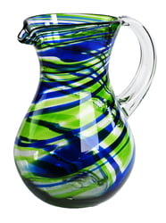 100% Recycled Mexican Artisan Handblown Glass, Blue and Green Swirl Round Pitcher, 84 oz