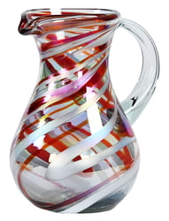 100% Recycled Mexican Artisan Handblown Glass, Red Swirl Round Pitcher, 84 oz