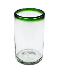 100% Recycled Mexican Artisan Handblown Glass, Green Rim Tumbler, 16 oz, Set of 4