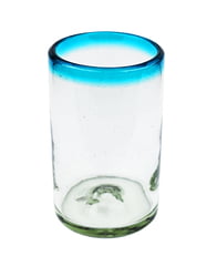 100% Recycled Mexican Artisan Handblown Glass, Aqua Rim Tumbler, 16 oz, Set of 4