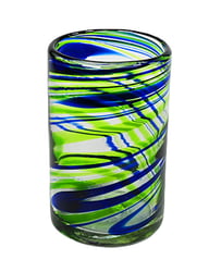 100% Recycled Mexican Artisan Handblown Glass, Blue and Green Swirl Tumbler, 16 oz, Set of 4