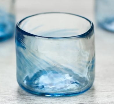 Set of 4 Mexican Clear Blue Blown Glass Rocks Glasses (5 oz), "Azure Mist"