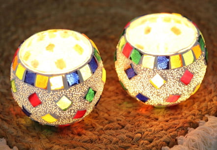 Glass Mosaic Tealight Candleholders (Pair), "Dancing Diamonds"