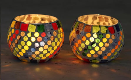 Glass Mosaic Tealight Candleholders (Pair), "Festive Rainbow"