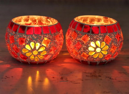 Handmade Glass Mosaic Tealight Candleholders (Pair), "Firelight"