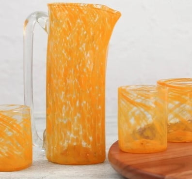 Hand-blown recycled glass pitcher and tumblers, 'Garden Relaxation in Marigold' (set for 6)