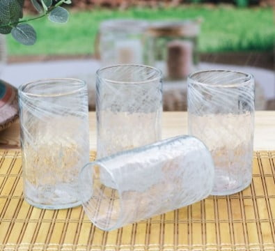 Blown recycled glass tumblers, 'Garden Relaxation in White' (set of 4)