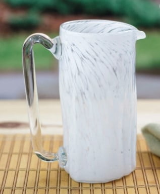 Blown recycled glass pitcher, 'Garden Relaxation in White'