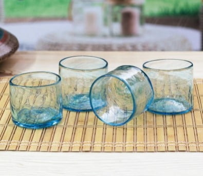 4 Hand Blown Eco-Friendly Blue Recycled Glass Juice Glasses, "Garden Relaxation in Blue"