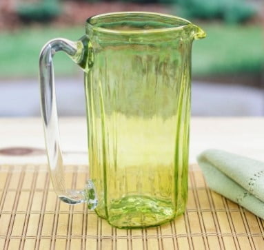 Hand Blown Eco-Friendly Recycled Glass Pitcher in Green, "Garden Relaxation in Lemon"