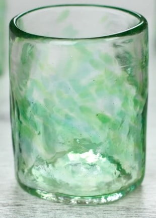 Set of 4 Artisan Crafted Blown Glass Green Rocks Glasses 8oz, "Jade Mist"