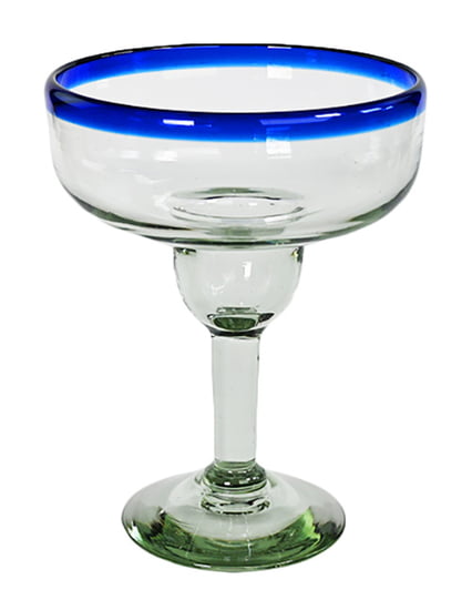 100% Recycled Mexican Artisan Handblown Glass, Cobalt Blue Rim Margarita Glass, 14 oz, Set of 4