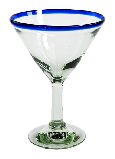 100% Recycled Mexican Artisan Handblown Glass, Cobalt Blue Rim Martini Glass, 14 oz, SET OF 4