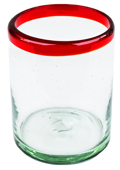 100% Recycled Mexican Artisan Handblown Glass, Red Rim Double Old Fashioned, 12 oz, Set of 4