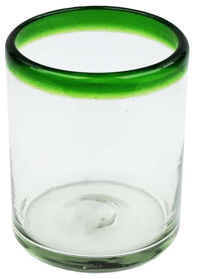 100% Recycled Mexican Artisan Handblown Glass, Green Rim Double Old Fashioned, 12 oz, Set of 4