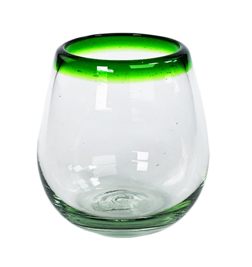 Green Rim Stemless Wine Glass, 3" H x 3" Diam