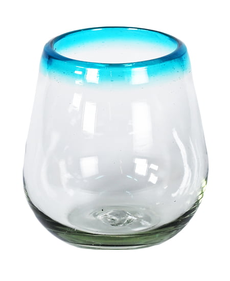 100% Recycled Mexican Artisan Handblown Glass, Aqua Rim Wine Glass, 11 oz, Set of 4