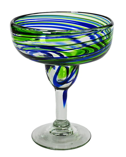 100% Recycled Mexican Artisan Handblown Glass, Blue and Green Swirl Margarita Glass, 14 oz, Set of 4