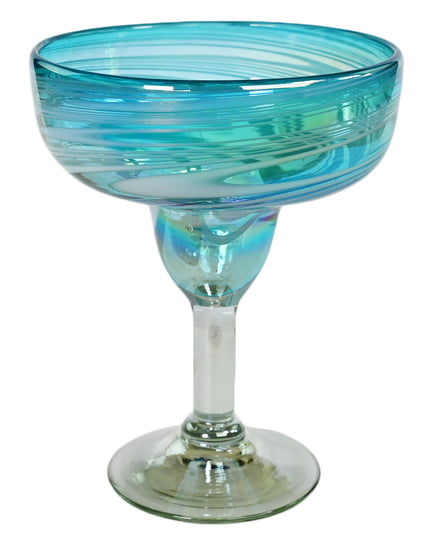 100% Recycled Mexican Artisan Handblown Glass, Aqua Swirl Margarita Glass, 14 oz, Set of 4