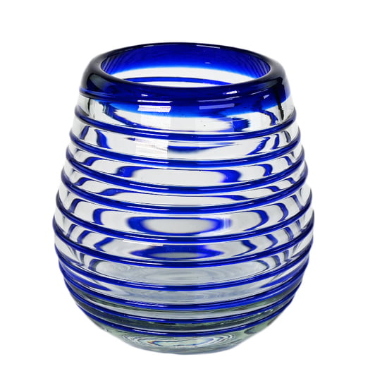 100% Recycled Mexican Artisan Handblown Glass, Cobalt Blue Vortex Wine Glass, 11 oz, Set of 4