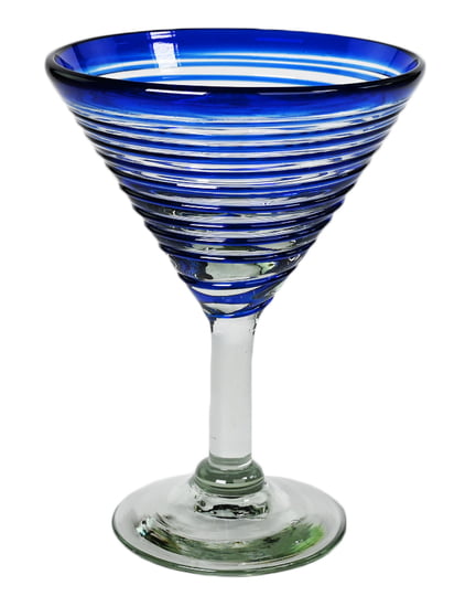 100% Recycled Mexican Artisan Handblown Glass, Cobalt Blue Vortex Martini Glass, 14 oz, SET OF 4