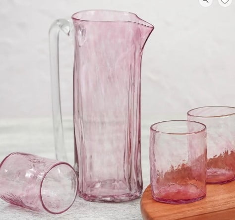 7-Piece Recycled Glass Pitcher and Tumbler Set in Clear Pink, "Garden Relaxation in Rose"