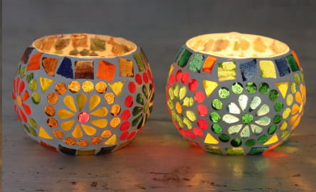 Cheerful Multicolored Glass Mosaic Tealight Holders (Pair), "Rainbow Cheer"