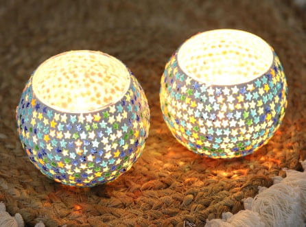 Glass Star Mosaic Tealight Candleholders (Pair), "Starry Dazzle"